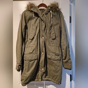 Abercrombie & Fitch Olive Parka Coat, Sherpa Lined with Faux Fur Trim